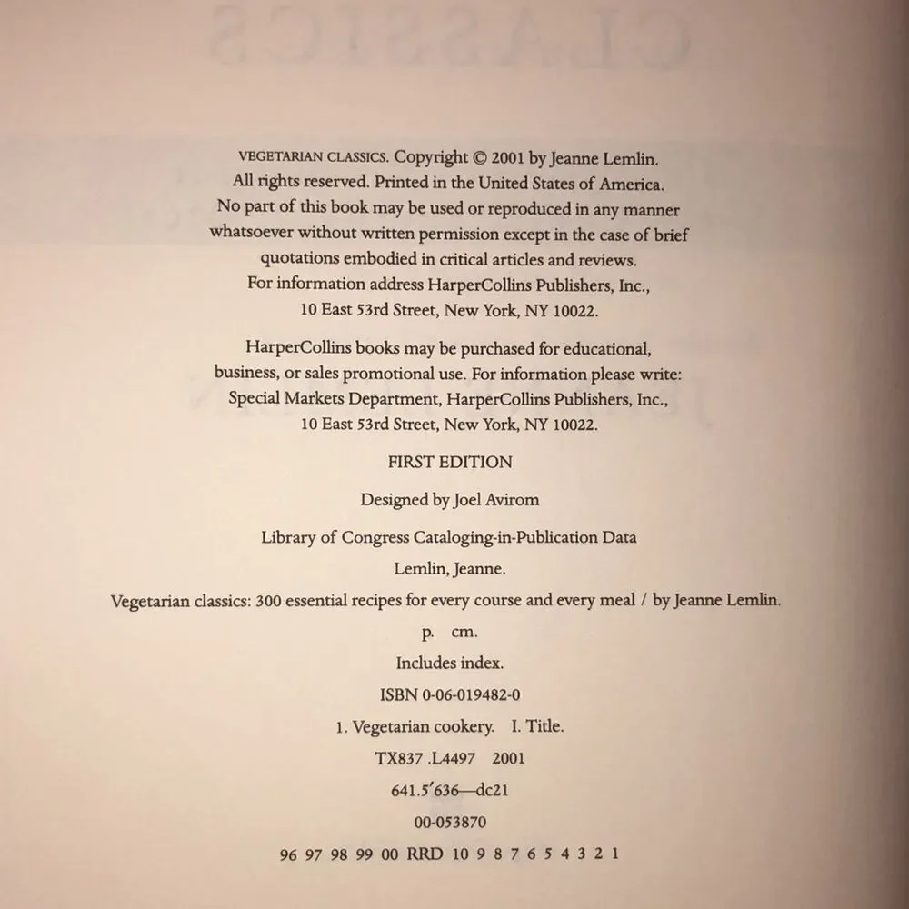 2001 1st Edition Vegetarian Classics by Jeanne Lemlin